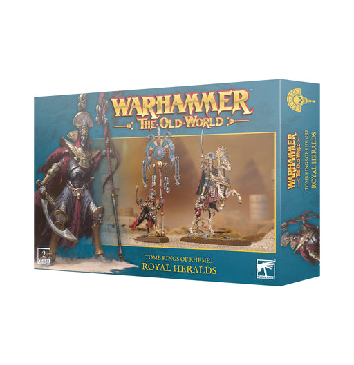 Warhammer The Old World: Tomb Kings of Khemri - Royal Heralds box from Games Workshop, featuring miniatures of Royal Heralds. The packaging showcases artwork of armored skeletal warriors and a decorated standard set against a desert backdrop—making it an ideal addition to any Tomb Kings kit or Warhammer collection.