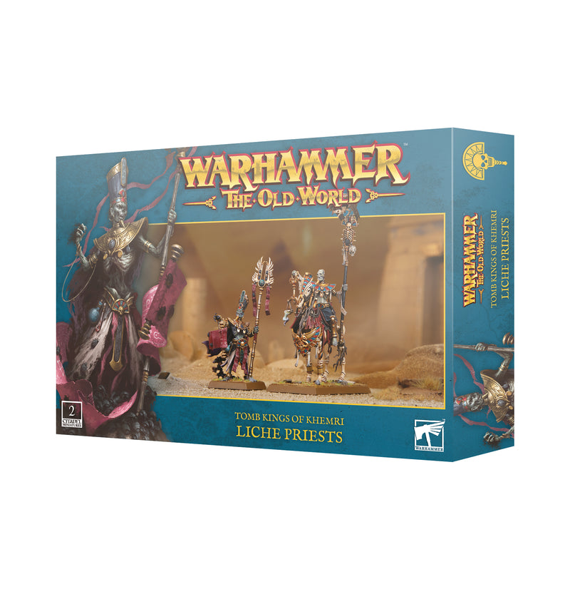 Box of Warhammer The Old World: Tomb Kings of Khemri – Liche Priests miniatures by Games Workshop, showcasing painted models and fantasy artwork against a desert-themed backdrop.