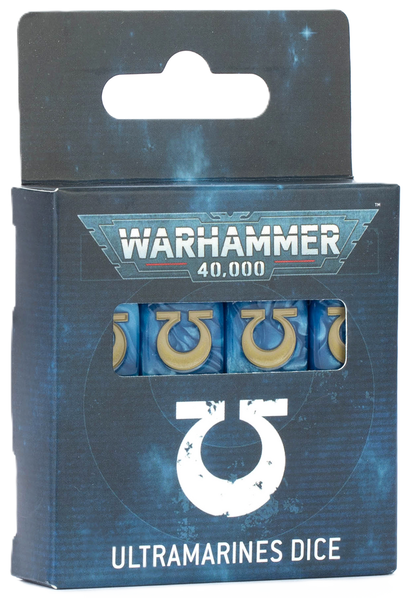 A box of Warhammer 40k: Ultramarines - Dice from Games Workshop, featuring blue dice adorned with white Ultramarines symbols, presented in space-themed packaging.