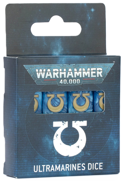A box of Warhammer 40k: Ultramarines - Dice from Games Workshop, featuring blue dice adorned with white Ultramarines symbols, presented in space-themed packaging.