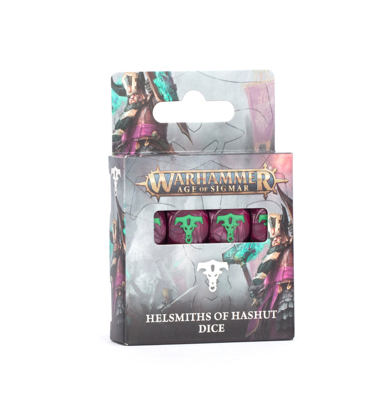 The Warhammer Age of Sigmar: Helsmiths of Hashut - Dice by Games Workshop features purple dice with green skull symbols and striking game artwork on the box.