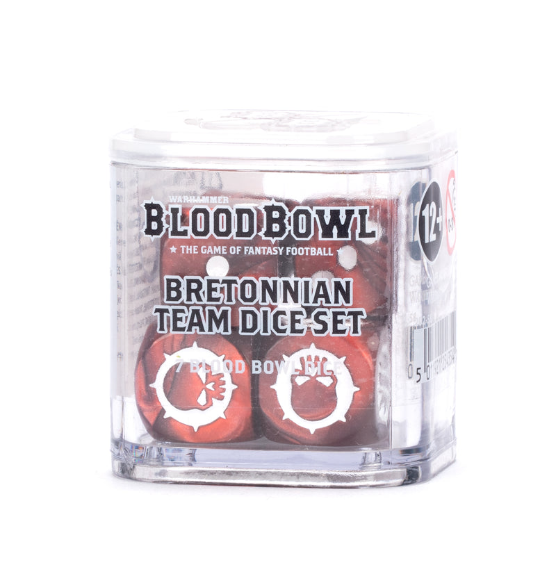 A clear plastic box labeled "Blood Bowl: Bretonnian Team Dice Set" holds red dice with white symbols. Age 12+. Games Workshop.
