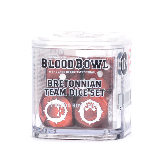 A clear plastic box labeled "Blood Bowl: Bretonnian Team Dice Set" holds red dice with white symbols. Age 12+. Games Workshop.