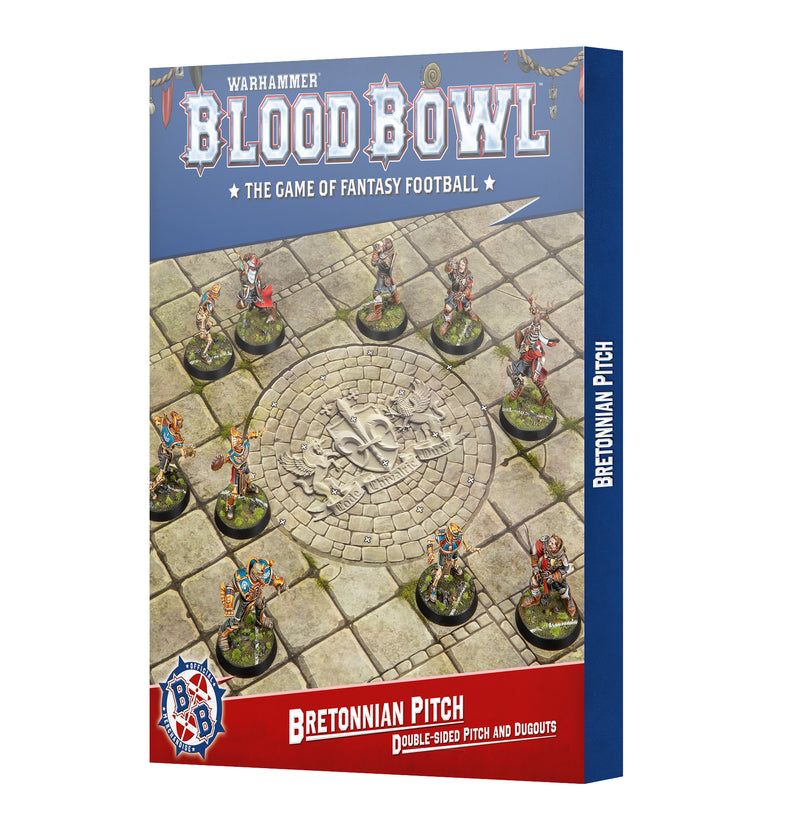 The image shows the box for Blood Bowl: Bretonnian Team Pitch & Dugouts, featuring painted Bretonnian miniatures on a detailed pitch.