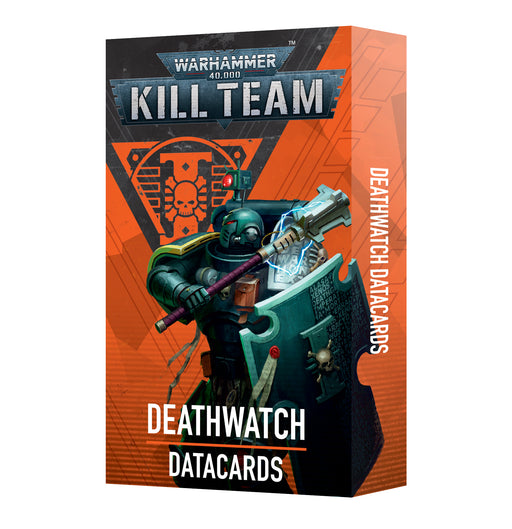 Box of Warhammer 40k: Kill Team - Deathwatch Kill Team Datacards from Games Workshop, featuring a heavily armored space marine wielding a hammer and shield against an orange background with skull and cog emblem. Includes operative datacards and faction rule cards. Text on the box reads "Deathwatch Datacards.