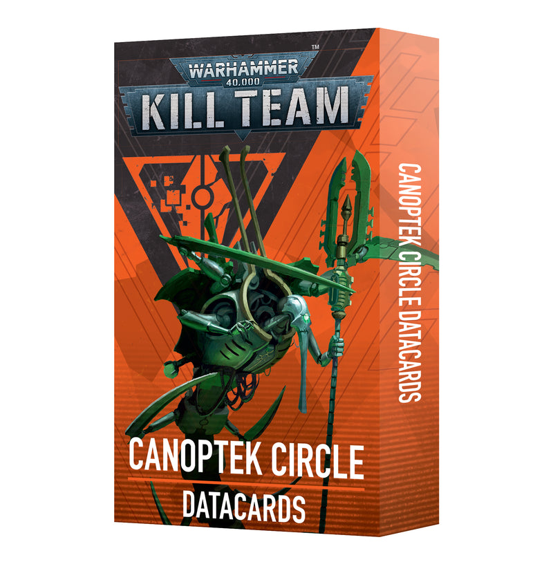 Introducing Warhammer 40k: Kill Team - Canoptek Circle Data Cards from Games Workshop, featuring striking futuristic Necron artwork with a green robotic figure wielding a weapon set against an orange backdrop adorned with geometric symbols. This set includes operative datacards and faction equipment cards to enrich your gameplay experience.