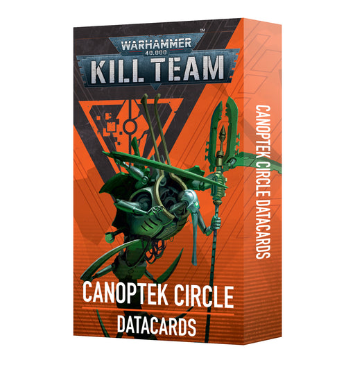 Introducing Warhammer 40k: Kill Team - Canoptek Circle Data Cards from Games Workshop, featuring striking futuristic Necron artwork with a green robotic figure wielding a weapon set against an orange backdrop adorned with geometric symbols. This set includes operative datacards and faction equipment cards to enrich your gameplay experience.