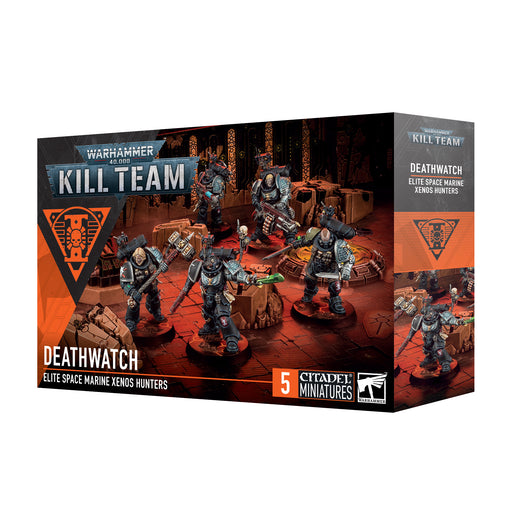 Box of Warhammer 40k: Kill Team – Deathwatch Kill Team miniatures from Games Workshop, featuring five assembled and painted plastic models displayed on Citadel bases on the front.