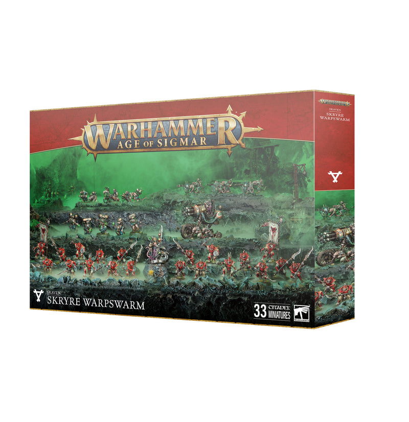 Box of Age of Sigmar: Skaven Battleforce - Skryre Warpswarm miniatures, produced by Games Workshop, featuring painted models in a dynamic battle scene on the front and listing 33 Citadel Miniatures.