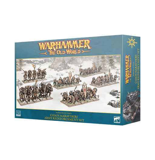 Box of Warhammer The Old World: Chaos Marauders Army Reinforcement Set, featuring assembled and painted Chaos Marauders miniatures displayed in snowy terrain on the front of the packaging.