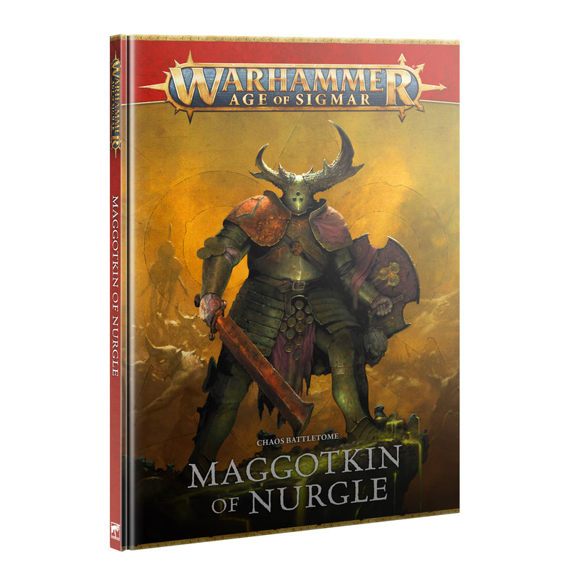 The Warhammer Age of Sigmar: Maggotkin of Nurgle – Battletome (2025) hardcover features an armored, horned warrior with a large axe in a misty, yellow-green landscape.