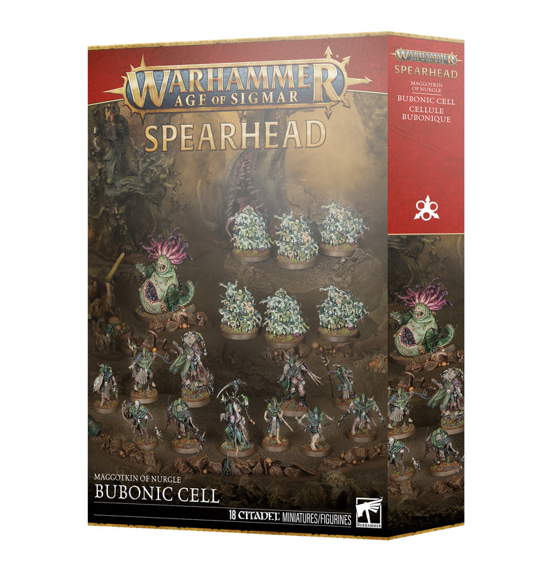 Warhammer Age of Sigmar: Maggotkin of Nurgle - Spearhead: Bubonic Cell from Games Workshop, showing 18 plague-themed warriors and monsters on the front.