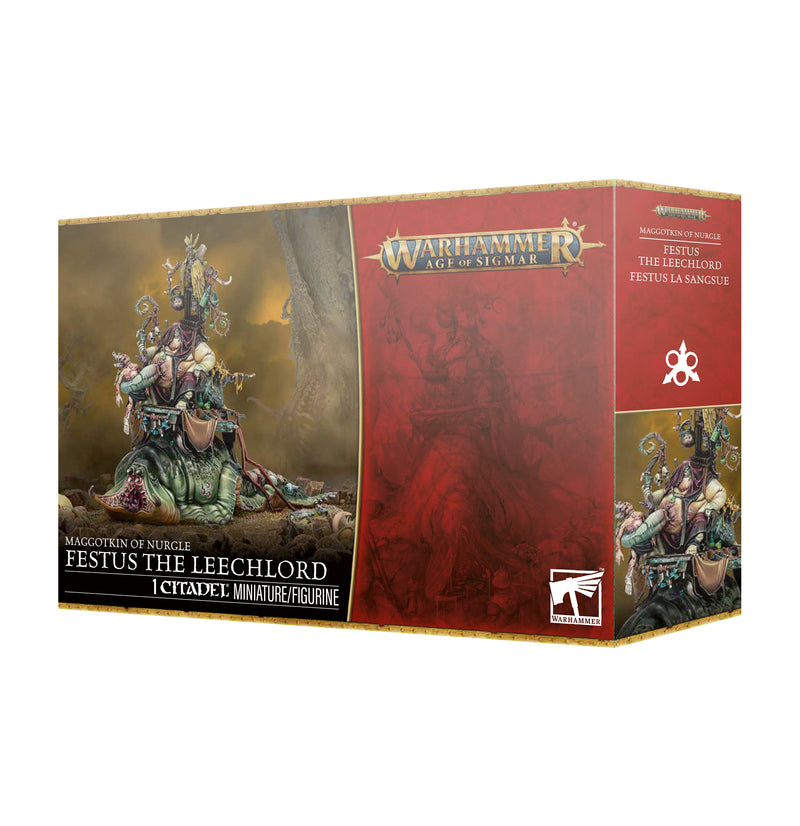 Box packaging for Warhammer Age of Sigmar: Maggotkin of Nurgle - Festus The Leechlord with branding, art, and details on red and gold.