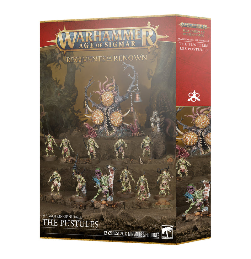 This boxed set builds 12 multipart plastic Maggotkin of Nurgle miniatures:
– 1x Spoilpox Scrivener, Herald of Nurgle
– 1x Feculent Gnarlmaw
– 10x Plaguebearers

This kit comprises 110 plastic components, 10x Citadel 32mm Round Bases, and 1x Citadel 40mm Round Base. These miniatures require assembly and are supplied unpainted