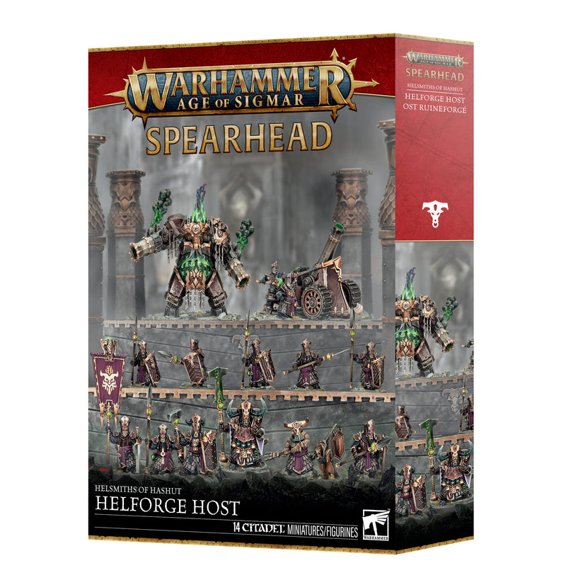 Warhammer Age of Sigmar: Helsmiths of Hashut - Spearhead: Helforge Host with painted Helsmiths warriors, war machine, and bull beast.