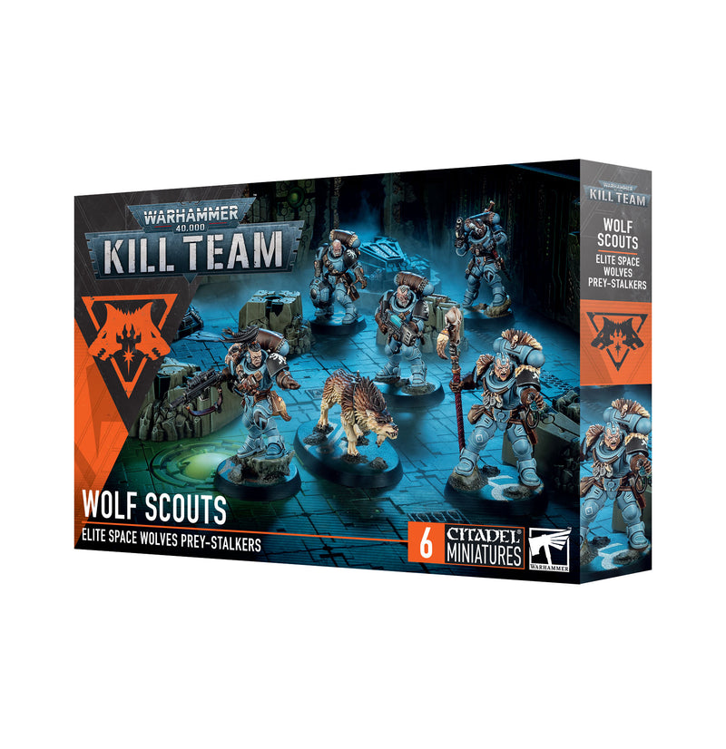 Warhammer 40k: Kill Team - Wolf Scouts includes plastic components to build six Space Marine Wolf Scouts and a cyber-wolf, set in the dark Warhammer 40,000 universe.