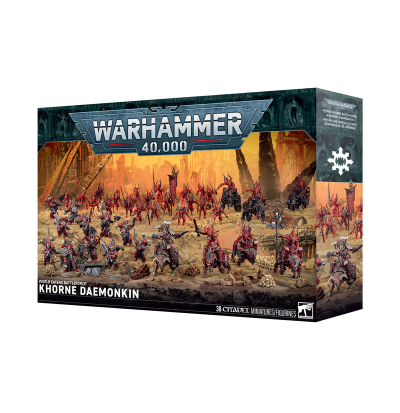 This boxed set builds 38 multipart plastic World Eaters miniatures:
– 1x Lord on Juggernaut (which can alternatively be built as a Lord Invocatus)
– 1x Master of Executions
– 6x Bloodcrushers
– 10x Khorne Berzerkers
– 20x Bloodletters

This kit comprises 475 plastic components, 7x Citadel 90mm by 52.5mm Oval Bases, 1x Citadel 40mm Round Base, and 30x Citadel 32mm Round Bases. These miniatures require assembly and are supplied unpainted