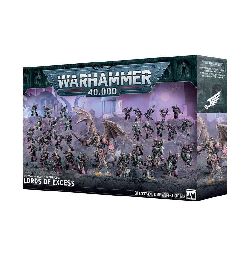 This boxed set builds 33 multipart plastic Emperor's Children miniatures:
–&nbsp;1x Daemon Prince of Slaanesh with Wings
–&nbsp;12x Noise Marines
–&nbsp;10x Infractors (which can alternatively be built as Tormentors)
–&nbsp;10x Tormentors (which can alternatively be built as Infractors)

This kit comprises 800 plastic components, 1x Citadel 60mm Round Base, 12x Citadel 40mm Round Bases, and 20x Citadel 32mm Round Bases. These miniatures require assembly and are supplied unpainted