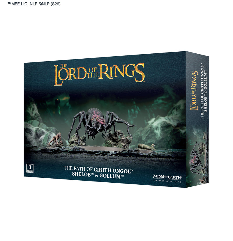 The LOTR: Middle Earth Strategy Game: The Path of Cirith Ungol - Shelob & Gollum box depicts Shelob, Gollum, rocky terrain, and includes detailed miniatures and plastic components from Games Workshop.