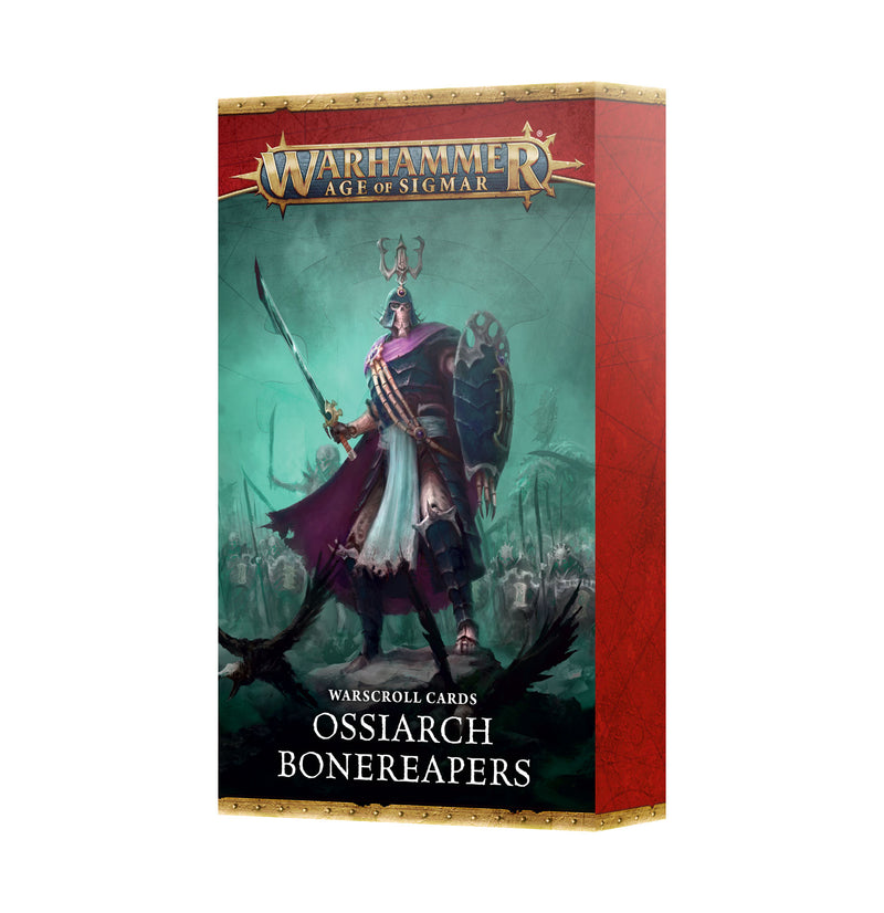 Contains 45 Cards:
– 28x Warscroll cards
– 17x Spearhead cards with battle traits, regiment abilities, and enhancements for the Kavalos Vanguard, Tithe-reaper Echelon, and Mortisan Elite

All cards measure 70mm by 121mm. Some are double-sided, featuring colour-coded rules and abilities on one side, with an explanation of each on the reverse.