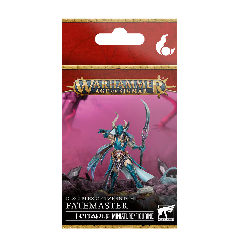 Warhammer Age of Sigmar figurine packaging with a character holding a sword on a red background.