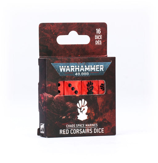 This is a set of 16 six-sided dice with squared edges for use in games of Warhammer 40,000, themed around the Red Corsairs. They are cast in pearlised red acrylic plastic with black ink markings, and measure 16mm along each edge. The 1-5 facings are traditionally pipped, and each '6' face is decorated with the intimidating icon of the Red Corsairs. These themed dice are only available while stocks last.