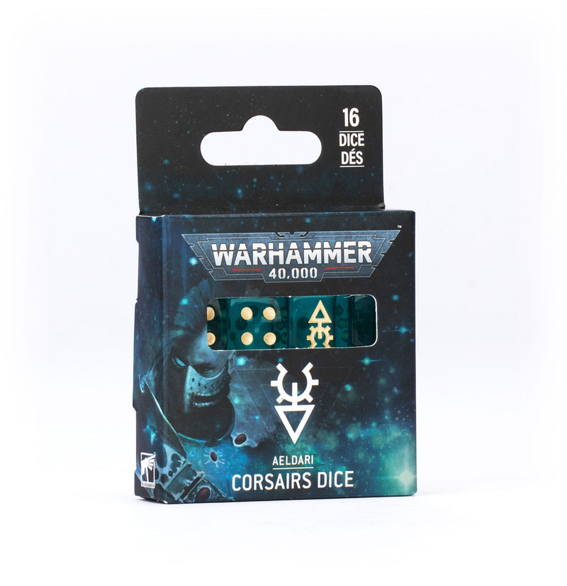 This is a set of 16 six-sided dice with squared edges for use in games of Warhammer 40,000, themed around the Aeldari Corsairs. They are cast in teal gem-effect acrylic plastic with cream ink markings, and measure 16mm along each edge. The 1-5 facings are traditionally pipped, and each '6' face is decorated with the piratical icon of the Aeldari Corsairs. These themed dice are only available while stocks last.