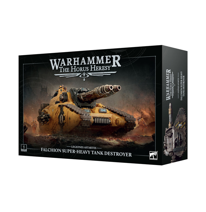 The Horus Heresy: Legiones Astartes - Falcion Super-Heavy Tank Destroyer model kit, featuring box art of a formidable yellow tank amidst a smoky battlefield.