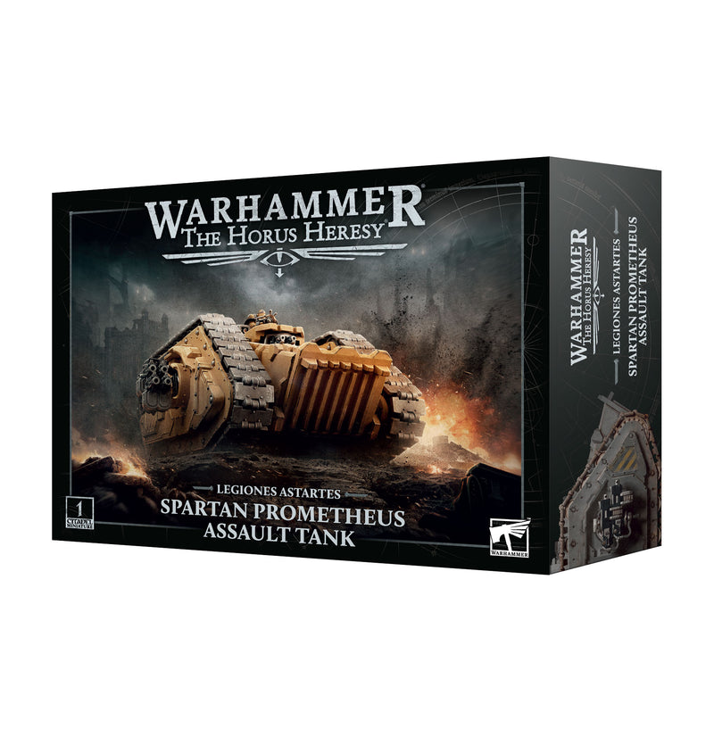Horus Heresy: Legiones Astartes - Spartan Prometheus Assault Tank model kit, featuring dynamic battlefield artwork on the box.