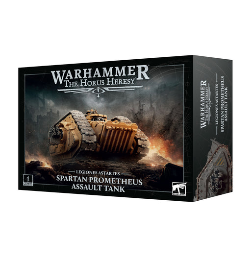 Horus Heresy: Legiones Astartes - Spartan Prometheus Assault Tank model kit, featuring dynamic battlefield artwork on the box.