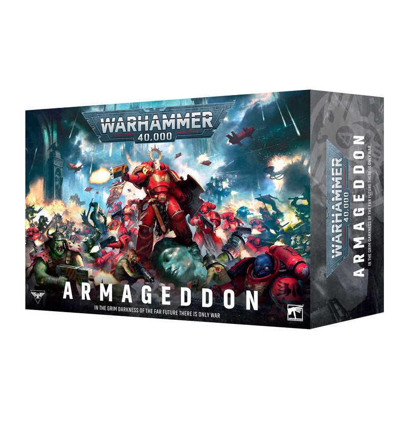 The Warhammer 40k: Armageddon box features intense cover art of armored Space Marines battling green-skinned orks in a devastated, explosive warzone.