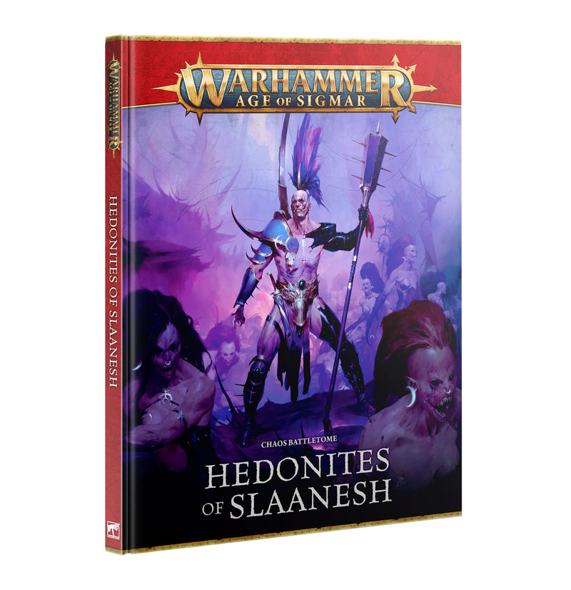 Warhammer Age of Sigmar: Hedonites of Slaanesh Battletome (2026) shows an armored figure with a spear amid ethereal purple and pink.