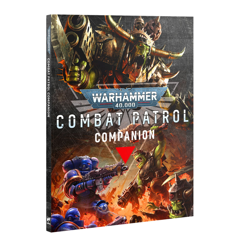Book cover for Warhammer 40k: Combat Patrol Companion shows armored sci-fi soldiers battling orc-like foes against a metallic backdrop, with a bold central title.