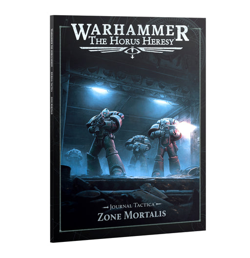 The cover of Horus Heresy: Journal Tactica: Zone Mortalis features armored Space Marines in a dark, industrial setting with dramatic lighting and metallic accents.