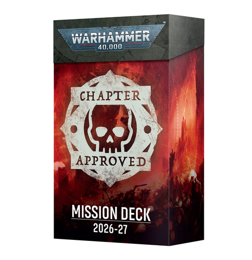 A box labeled Warhammer 40k: Chapter Approved Mission Deck '26-'27 by Games Workshop, featuring a skull emblem on a red background with a battle scene.