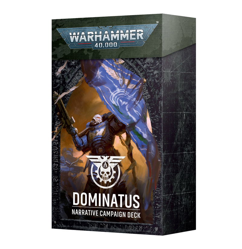 A box with Warhammer 40k artwork shows a futuristic armored soldier with a weapon and banner. Text: Warhammer 40k: Dominatus Deck - Armageddon.