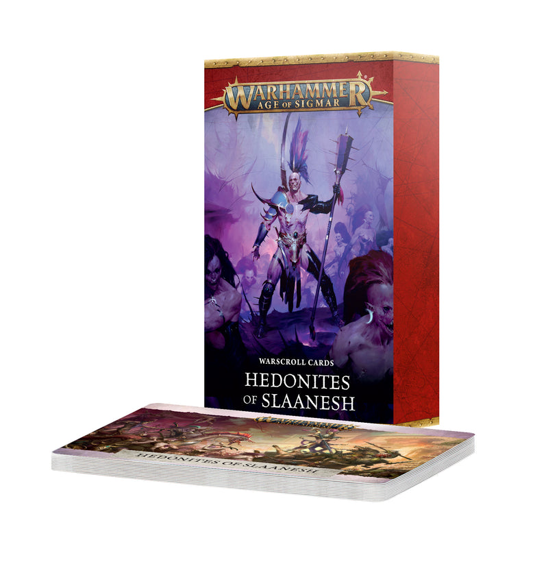 Warhammer Age of Sigmar: Hedonites of Slaanesh - Warscroll Cards (2026) box with a deck of illustrated cards in front, featuring fantasy art of an armored character holding a staff and wearing an elaborate headpiece.