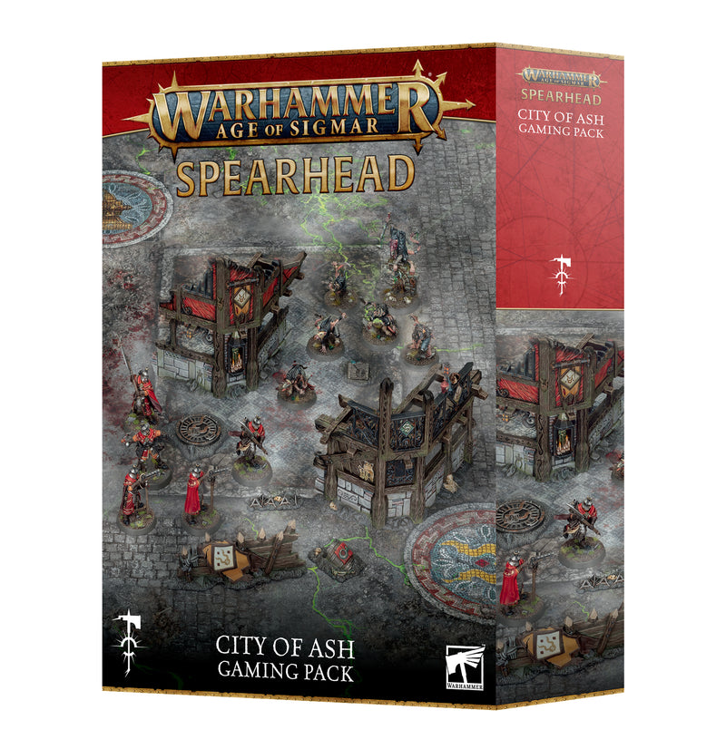 Warhammer Age of Sigmar: City of Ash Gaming Pack—includes painted miniatures, ruined city terrain, and a cobblestone board. Features official Spearhead game branding and full product details on the box.
