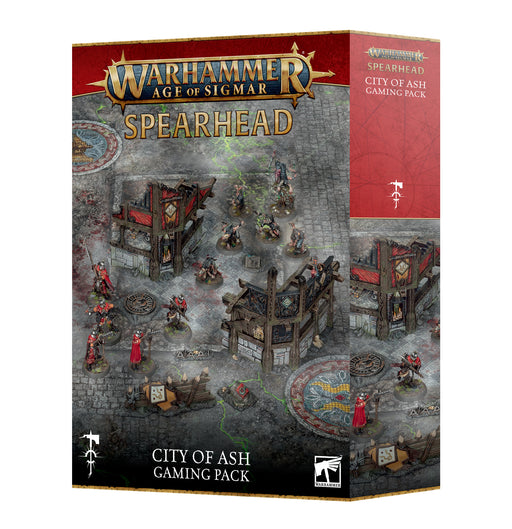 Warhammer Age of Sigmar: City of Ash Gaming Pack—includes painted miniatures, ruined city terrain, and a cobblestone board. Features official Spearhead game branding and full product details on the box.