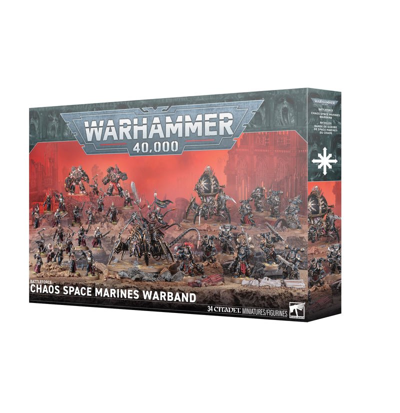 Warhammer 40k: Chaos Space Marines - Battleforce: Chaos Space Marines Warband; box shows assembled and painted miniatures in a battle scene, with 34 Citadel minis displayed at the lower right.