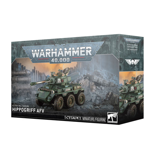 Warhammer 40k: Astra Militarum - Hippogriff AFV, featuring a green armored vehicle in a war-torn landscape. Box displays the Warhammer 40,000 logo at the top.