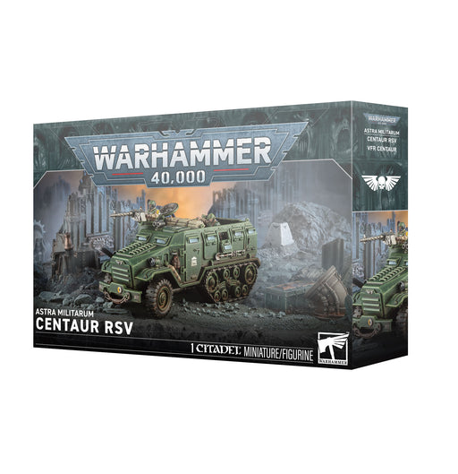 Warhammer 40k: Astra Militarum - Centaur RSV box features Citadel and Warhammer logos, showcasing the Hippogriff AFV with green armored vehicle artwork set in a ruined city.