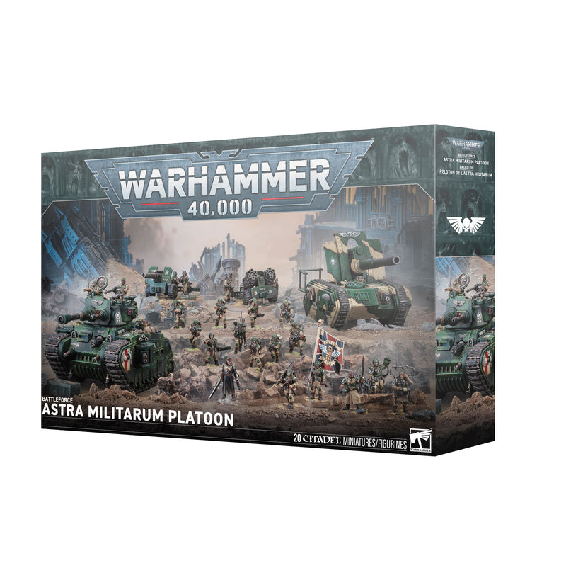 Warhammer 40k: Astra Militarum - Battleforce: Astra Militarum Platoon features artwork of futuristic soldiers and vehicles in battle, and includes 20 detailed Citadel miniatures.