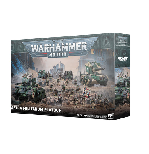 Warhammer 40k: Astra Militarum - Battleforce: Astra Militarum Platoon features artwork of futuristic soldiers and vehicles in battle, and includes 20 detailed Citadel miniatures.