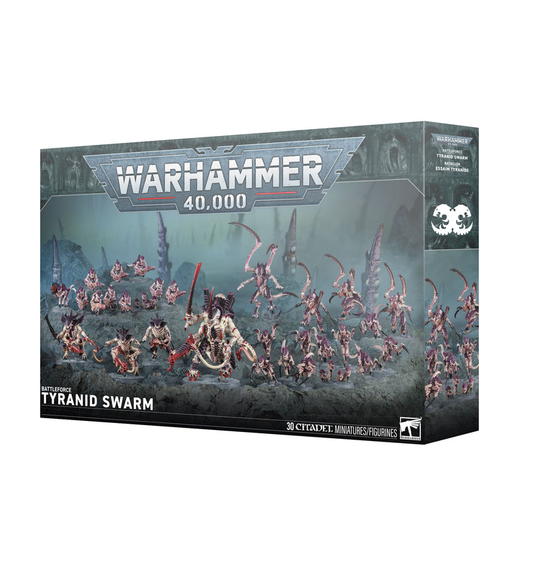 Warhammer 40k Tyranids - Battleforce: Tyranid Swarm includes 30 Citadel miniatures, with box art showing painted alien figures on a dark, misty battlefield—ideal for building your Tyranid Swarm army.