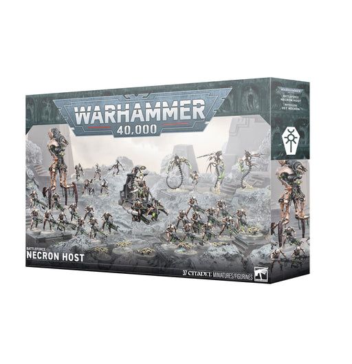 Warhammer 40k: Necrons - Battleforce: Necron Host, featuring robot-like Necron miniatures in a dynamic battle scene with official product name and branding on the box.