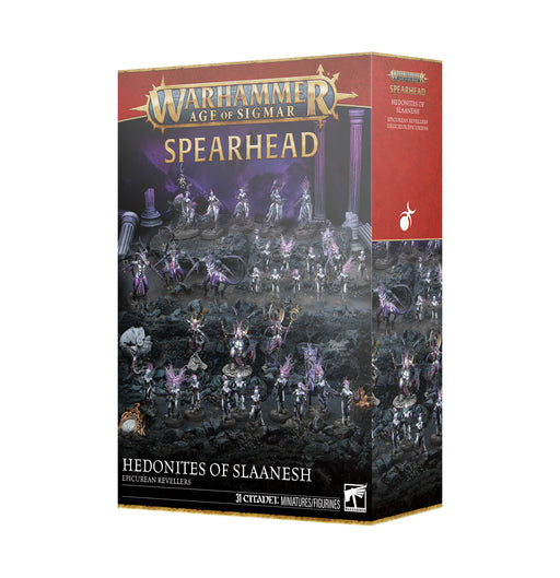 Warhammer Age of Sigmar: Hedonites of Slaanesh - Spearhead: Epicurean Revellers box art with fantasy miniatures, dark rocky scene, purple highlights.