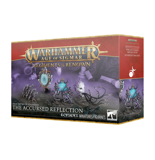 Warhammer Age of Sigmar: Hedonites of Slaanesh - Army of Renown: Accursed Reflection box features mirror-themed figures and iconic Hedonites miniatures.