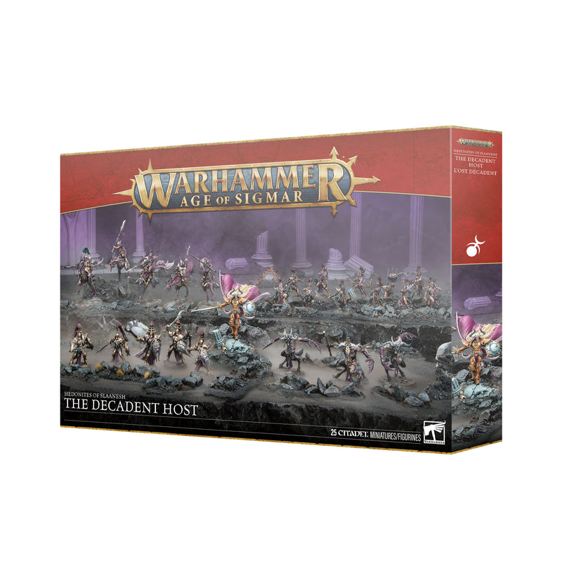 Warhammer Age of Sigmar: Hedonites of Slaanesh - Battleforce: The Decadent Host box set with painted miniatures on a fantasy battlefield with ornate columns and ruins in the background.