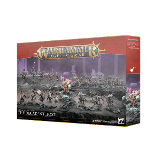 Warhammer Age of Sigmar: Hedonites of Slaanesh - Battleforce: The Decadent Host box set with painted miniatures on a fantasy battlefield with ornate columns and ruins in the background.